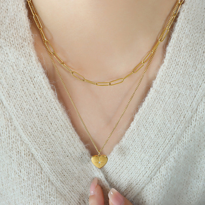 Double Layer Paperclip Heart Zircon Pendant Necklace Steel