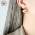Gold Geometric Enamel Hoop Earrings Mint Gray Faceted Studs view 3
