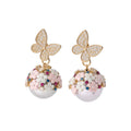 Gold Tone Butterfly Floral Ball Drop Earrings With Polished Metal Details view 5
