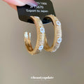 Gold Tone White Pave Wide C Shape Hoop Stud Earrings view 2