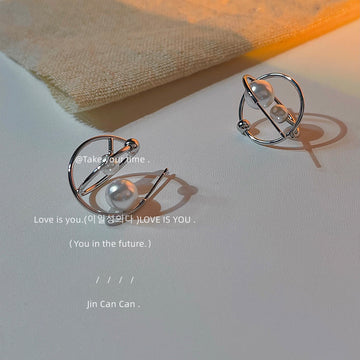 Silver Geometric Orbital Dual Pearl Stud Earrings Pair