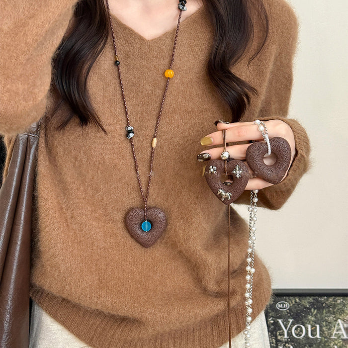 Brown Heart Pendant Long Necklaces in Two Beaded Styles