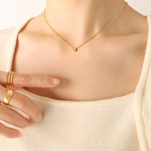 Single Zircon Bezel Pendant Necklace Gold Steel Cable Chain