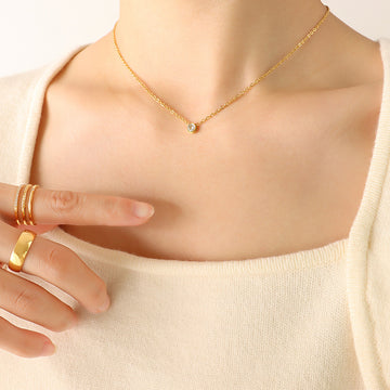Single Zircon Bezel Pendant Necklace Gold Steel Cable Chain