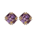 Gold Tone Square Stud Earrings with Purple Crystal Centers view 5