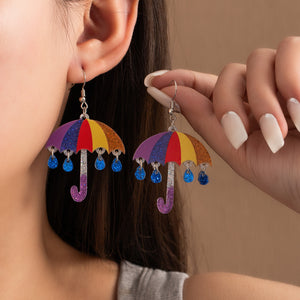 Acrylic Rainbow Umbrella Drop Earrings on Silver-Tone Hook Wires