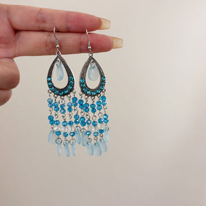 Blue Beaded Teardrop Hook Earrings With Layered Fringe