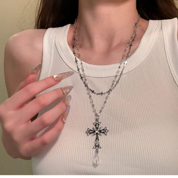 Layered Silver Cross and Beaded Chain Necklace Statement Jewelry Design