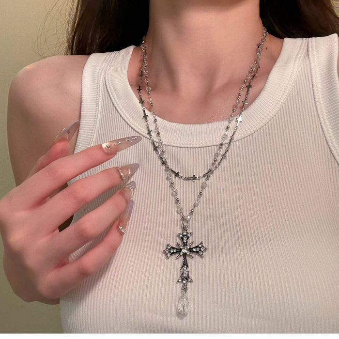 Layered Silver Cross and Beaded Chain Necklace Statement Jewelry Design