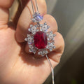 Red Cushion-Cut Floral Pendant Necklace on a Silver-Tone Chain view 1