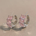 Silver-Tone Pink Baguette Zirconia C-Shape Hoop Earrings view 6