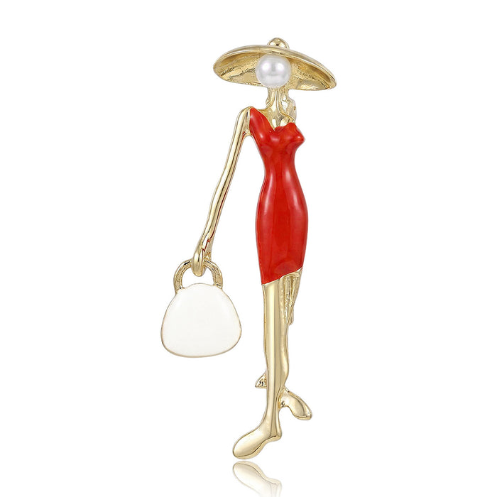 Lady in Hat Enamel Brooch with Handbag Decorative Metal Pin