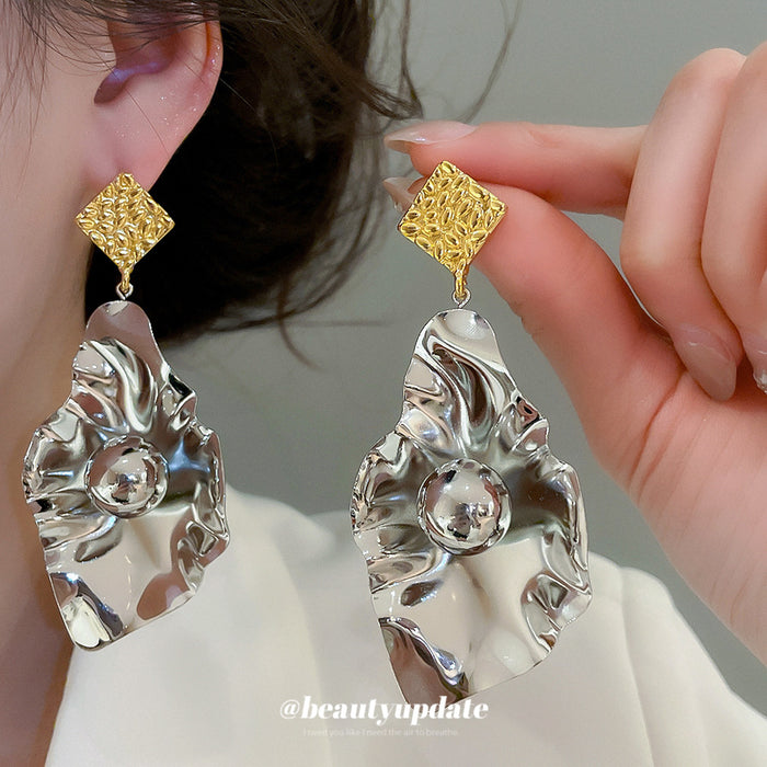 Two Tone Crumpled Leaf Statement Drop Earrings With Diamond Studs