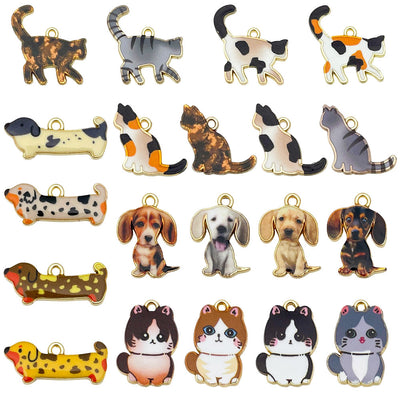 Colorful cat and dog charms arranged on a light background