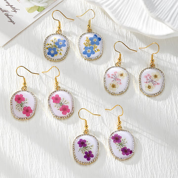 Gold Tone Rhinestone Oval Pressed Flower Drop Earrings in Four Designs