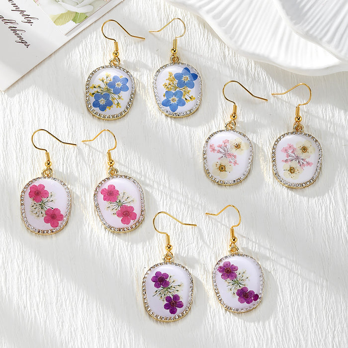 Gold Tone Rhinestone Oval Pressed Flower Drop Earrings in Four Designs