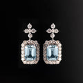White Gold Light Blue Rectangle Halo Stud Earrings view 5