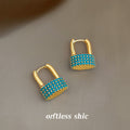 Gold Tone Aqua Clear Stone Padlock Huggie Hoop Earrings view 6