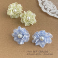 Blue Green Gingham Fabric Flower Pearl Center Studs view 1