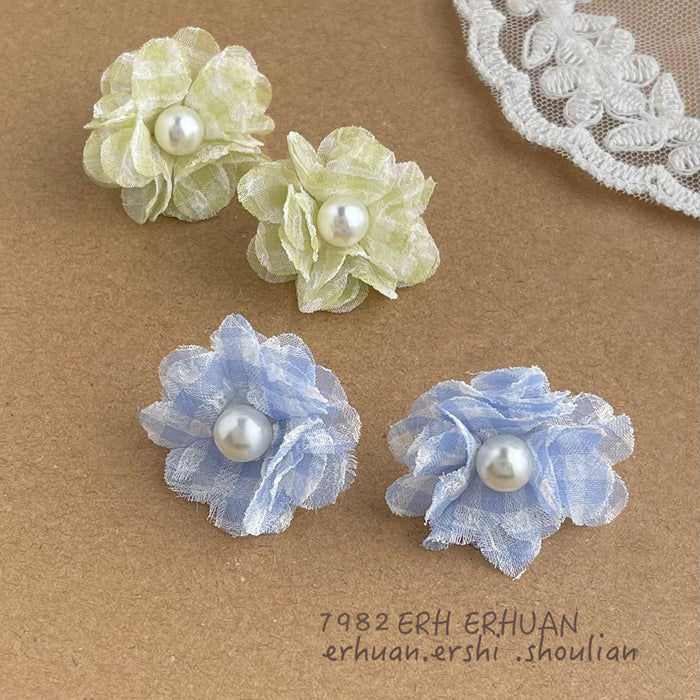 Blue Green Gingham Fabric Flower Pearl Center Studs