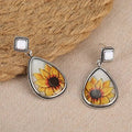 Antique Silver Tone Sunflower Art Teardrop Drop Earrings view 2