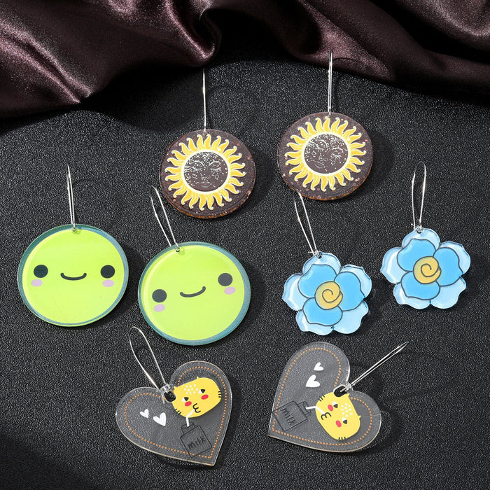 Silver Tone Sunflower Smiley Cat and Ice Cream Acrylic Hook Earrings