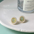 Gold-Tone Oval Green Cabochon Pearl Halo Stud Earrings view 2