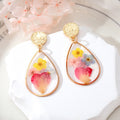 Gold Tone Triangle and Quadrilateral Resin Pressed Flower Drop Stud Earrings view 2
