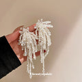 White Pearl Beaded Waterfall Long Statement Earrings view 1