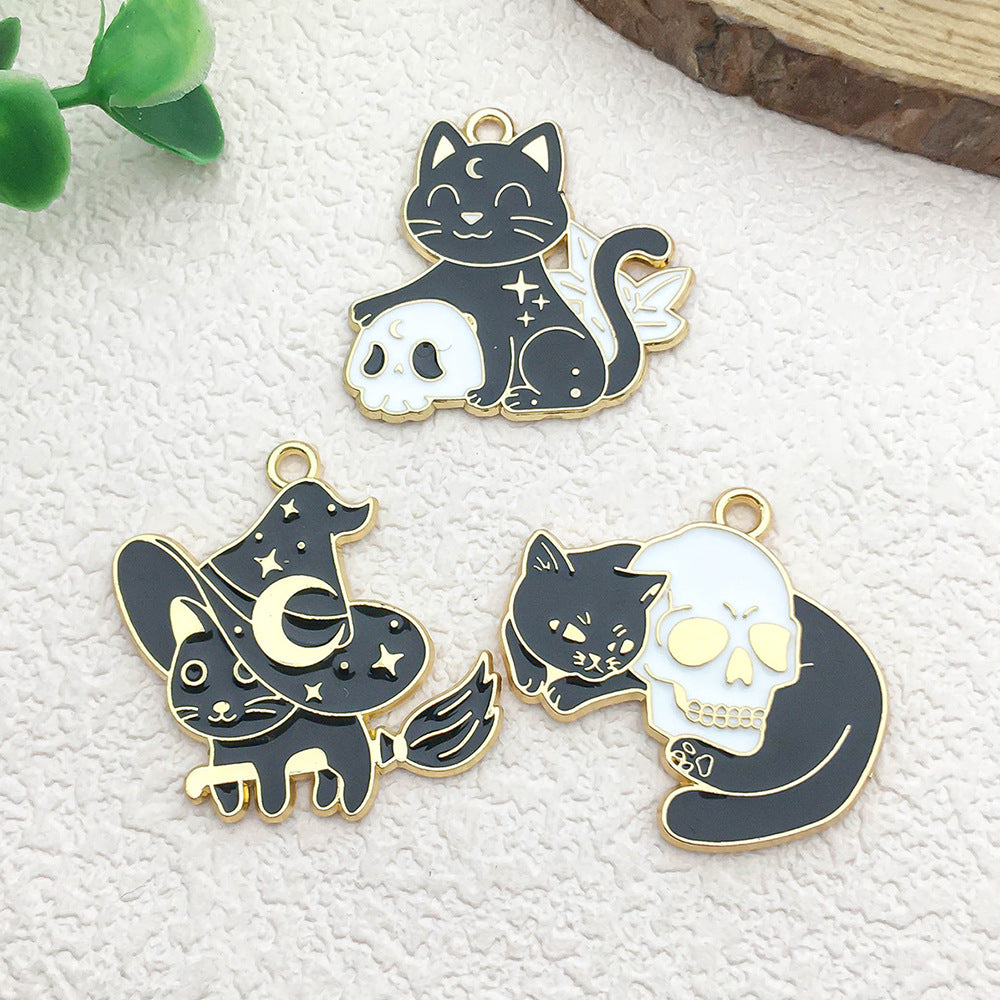 Enamel Zinc Alloy Moon Cat Black Cat Charm Pendant for DIY Halloween Necklace Jewelry
