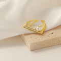 Gold Open Cross Bar Ring Imitation Pearl and Crystal Pavé view 4