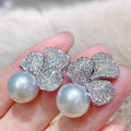White Gold Three Leaf Clover Pearl Stud Earrings Pavé view 5