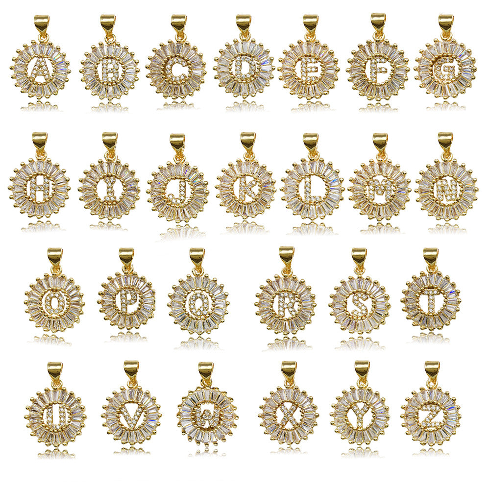 Zinc Alloy Gold Round Rhinestone English Letter Charm Pendant for Necklace DIY — 15×21mm