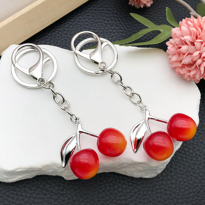 Red Yellow Gradient Resin Cherry Metal Clasp Keychain Set