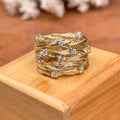 Wide Textured Leaf And Clear Stone Band In Gold And Silver Tones view 3