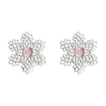 Silver Filigree Flower Stud Earrings Pink Cat Eye Centers view 5