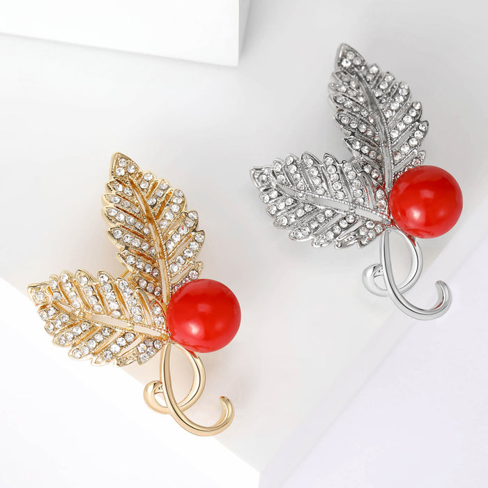 Pearl Leaf Brooch With Faceted Crystals And Polished Metal Details