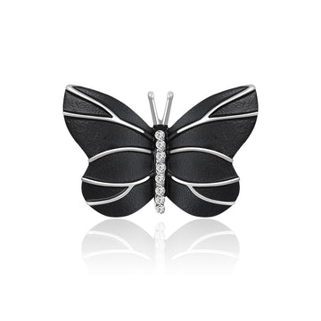 Black Butterfly Brooch with Silver Lines and Crystals