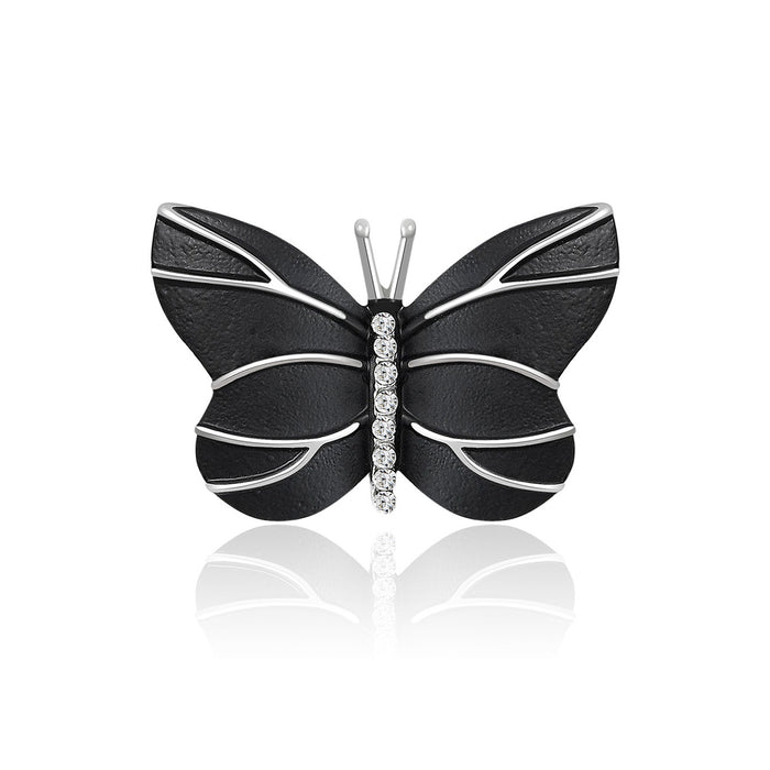 Black Butterfly Brooch with Silver Lines and Crystals