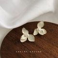Cream White Enamel Three Petal Flower Pearl Stud Earrings view 1