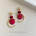 Gold Ball Stud Red Wood Disc Crescent Drop Earrings view 6