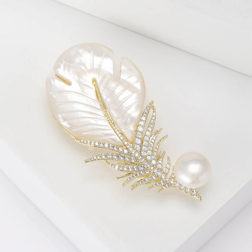 Shell Look Leaf Brooch with Pearl and Crystal Accents front view on a white background