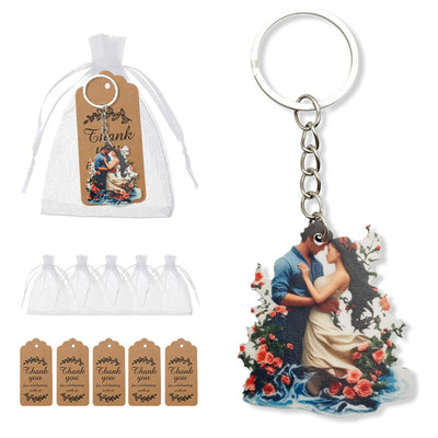 Embracing couple roses wood keychain with bags and kraft tags