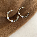 Beaded Pearl C Hoop Stud Earrings In White And Brown view 7