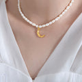 Gold Crescent Moon Pendant Freshwater Pearl Necklace view 6