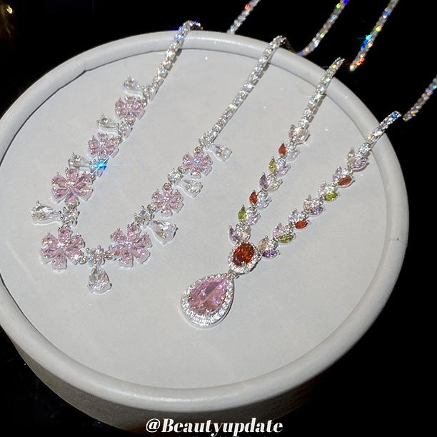Silver Tone Pink Floral Crystal Necklace in Two Designs