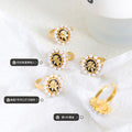 Pearl Halo Open Ring Black Enamel Gold Flower Motif view 2