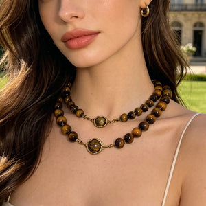 Brown Tiger Eye Look Bead Necklace With Oval Center Accent