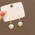 Gold Pearl Leverback Earrings Black Braided Rim Crystal Halo view 6