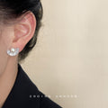Silver-Tone Fan CZ Pearl Stud Earrings Half-Moon Shape view 2